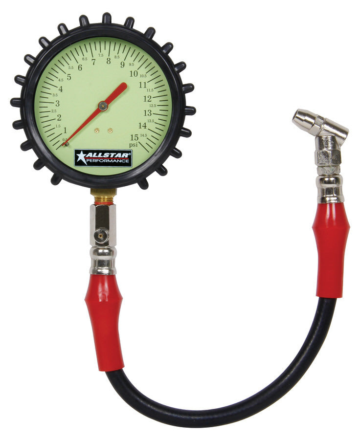 ALLSTAR PERFORMANCE Tire Pressure Gauge 0-15 PSI 4in Glow ALLSTAR PERFORMANCE