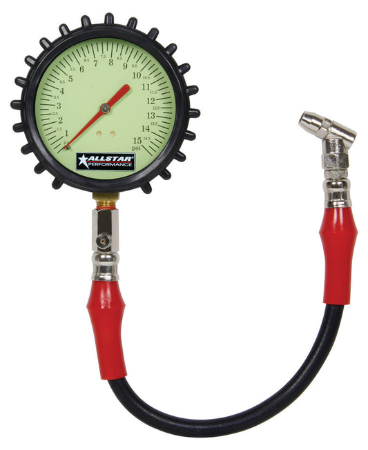 ALLSTAR PERFORMANCE Tire Pressure Gauge 0-15 PSI 4in Glow ALLSTAR PERFORMANCE