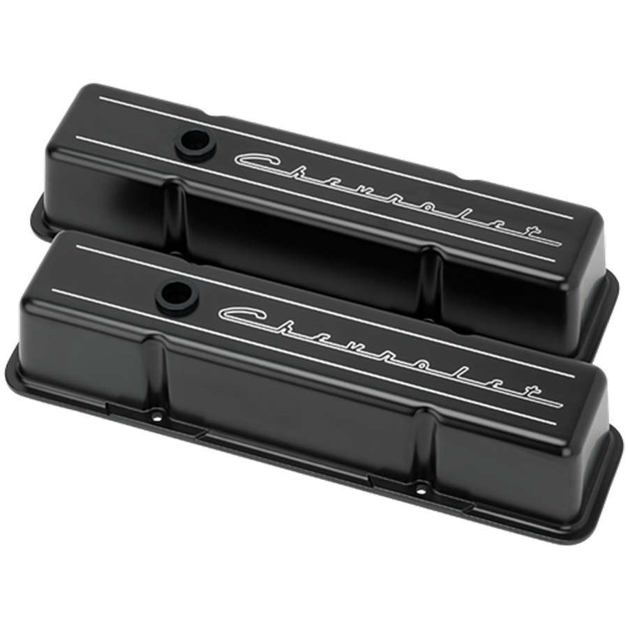 BILLET SPECIALTIES SBC Tall Valve Covers Chevrolet Script Black BILLET SPECIALTIES