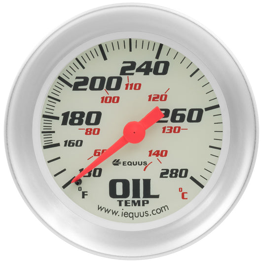 EQUUS 2-5/8 Dia Oil Temp Gauge Silver  130-280 EQUUS