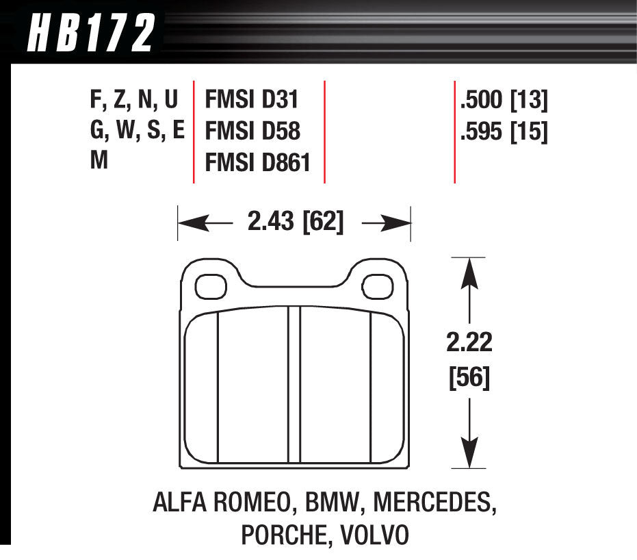 HAWK BRAKE BRAKE PAD 64-00 EUROPEAN FRONT AND REAR HAWK BRAKE