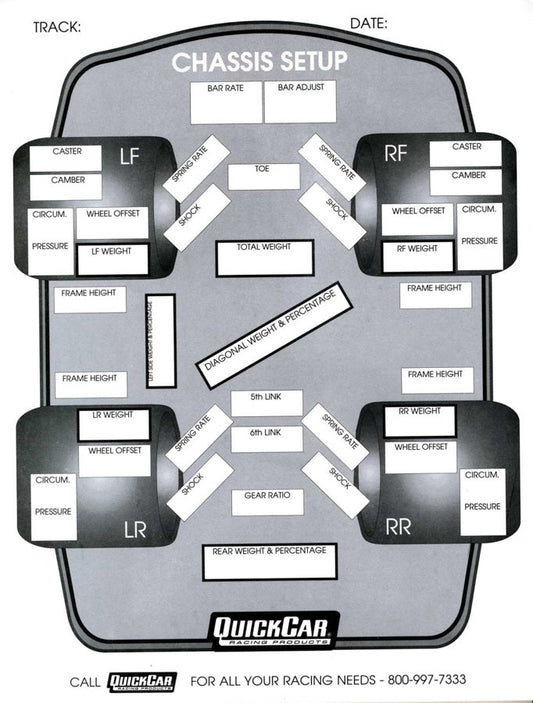 QUICKCAR RACING PRODUCTS Chassis Set-Up Forms (50 PK) QUICKCAR RACING PRODUCTS