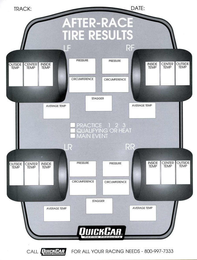 QUICKCAR RACING PRODUCTS After Race Tire Set-Up Forms (50 PK) QUICKCAR RACING PRODUCTS