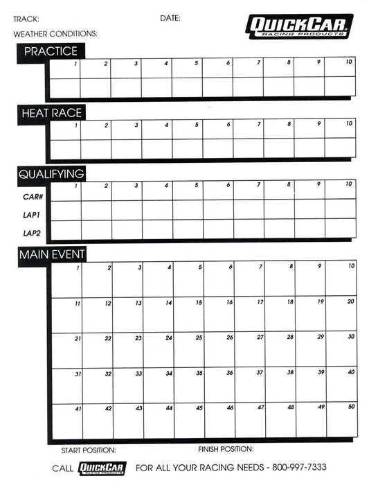 QUICKCAR RACING PRODUCTS Time Organizer Sheets 50 Lap QUICKCAR RACING PRODUCTS