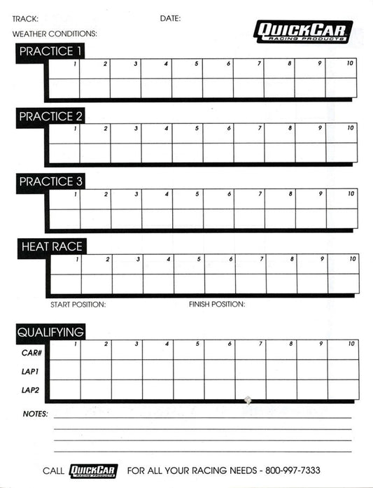 QUICKCAR RACING PRODUCTS Time Organizer Sheets 100 Lap (50PK) QUICKCAR RACING PRODUCTS