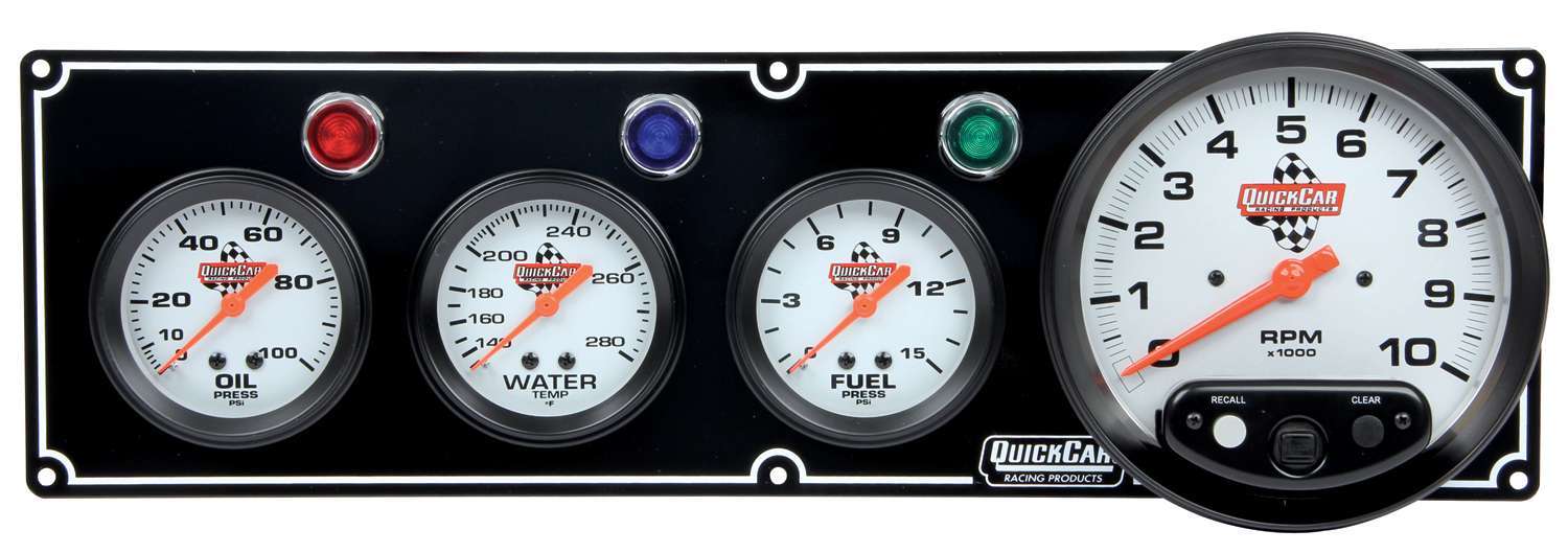 QUICKCAR RACING PRODUCTS 3-1 Gauge Panel OP/WT/FP w/5in Tach Black QUICKCAR RACING PRODUCTS