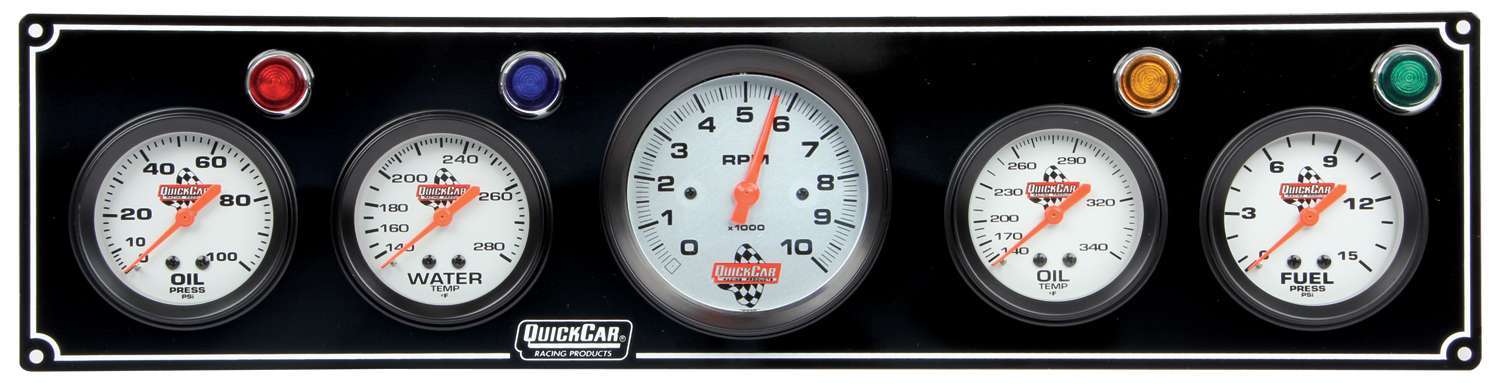 QUICKCAR RACING PRODUCTS 3-1 Gauge Panel OP/WT/OP /FP w/3-3/8in Tach Black QUICKCAR RACING PRODUCTS